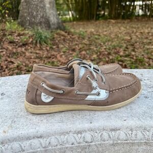Sperry Top-Sider Womens Brown Silver Leather Canvas Boat Shoes Loafers Metallic